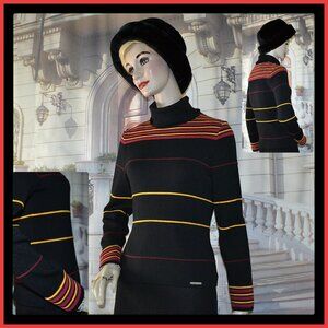 Geiger Women Ski Sweater Sz 6 Black w Colors Turtleneck New Wool Made in Austria